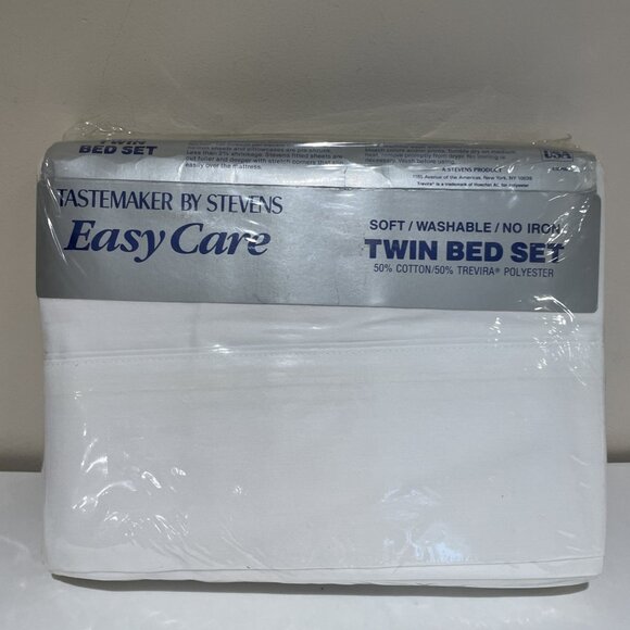 NEW 1986 Tastemaker by Stevens Easy Care White Twin Sheet Set 3 Pc Powder Puff - Picture 5 of 6